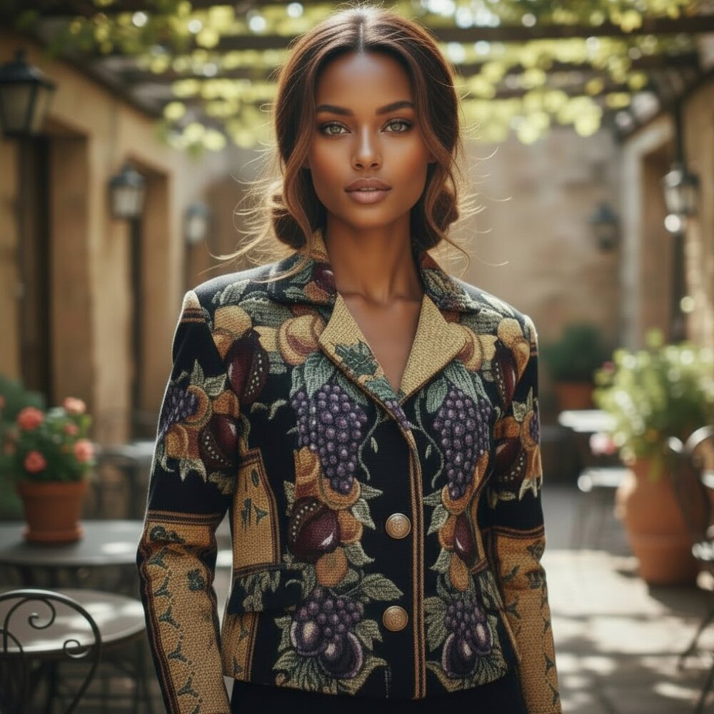 VINTAGE PACO SOLER Tapestry Jacket M/L Tuscan Fruit Crop Blazer Art Wear Cottage